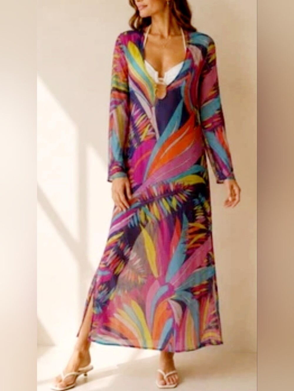 Trina Turk Maxi Sheer V-Neck Beach Dress in Multicolor NEW W TAG $178 Small - Picture 15 of 16